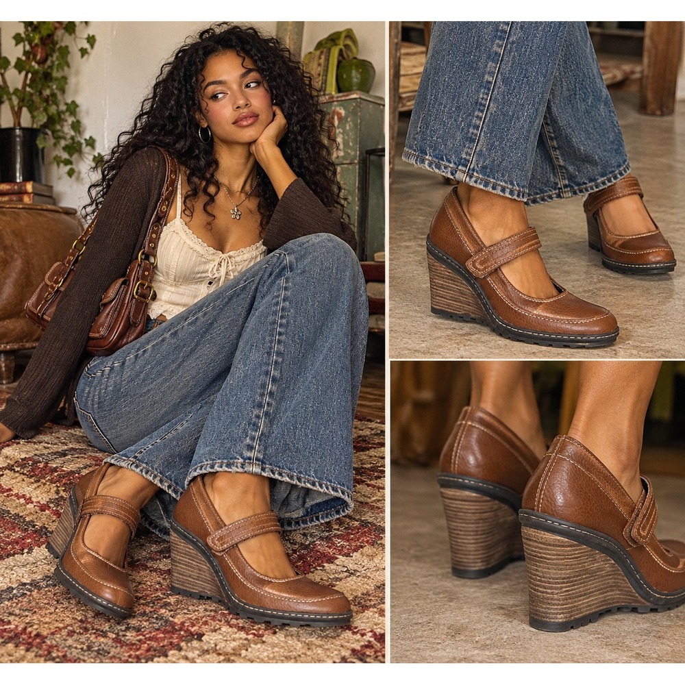 Bass Brown Leather Mary Jane Wedge Heels 8 Y2K 90s Chunky Shoes
